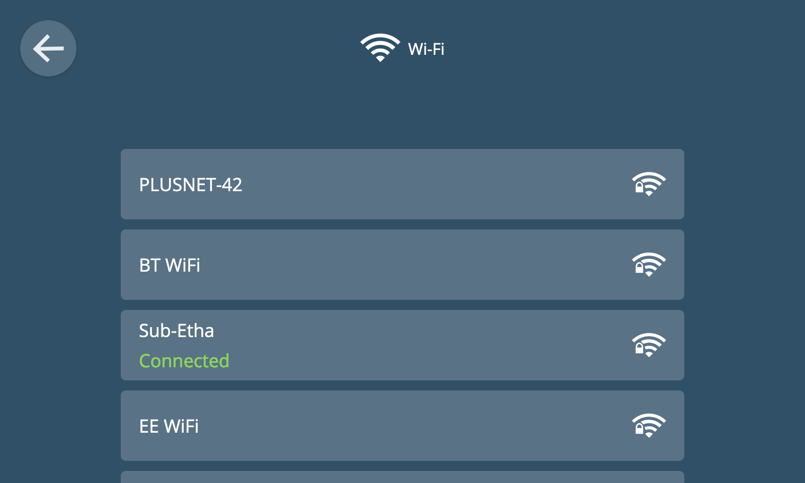 Screenshot of the Wi-Fi settings view, listing nearby Wi-Fi networks